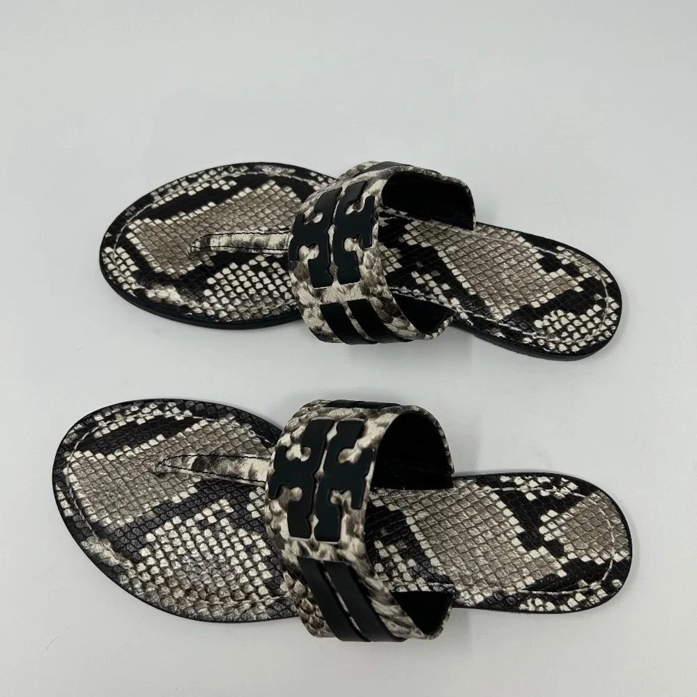 EUC Tory Burch Leigh Black/Gray Snakeskin Double T Thong Sandals Size 9 Preppy!